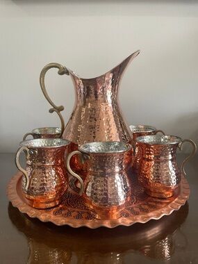 Handmade Copper Hammered Pitcher and Mugs Set - Polished Copper